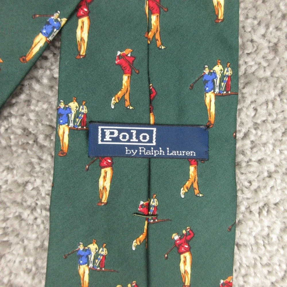Vintage Polo Ralph Lauren Tie Mens Green Golfer Printed Silk Made In USA Novelty